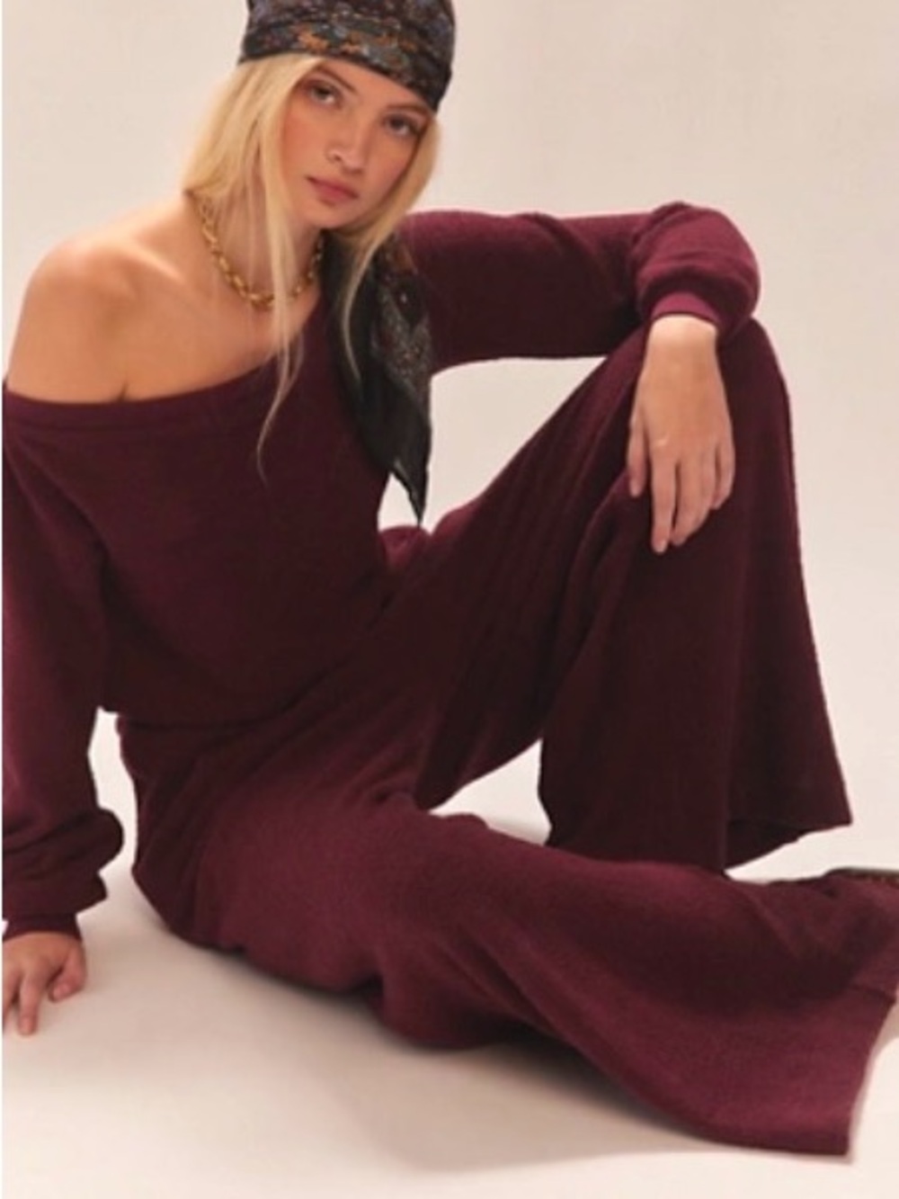 Free People Off-Shoulder Wide-Leg Jumpsuit in Burgundy